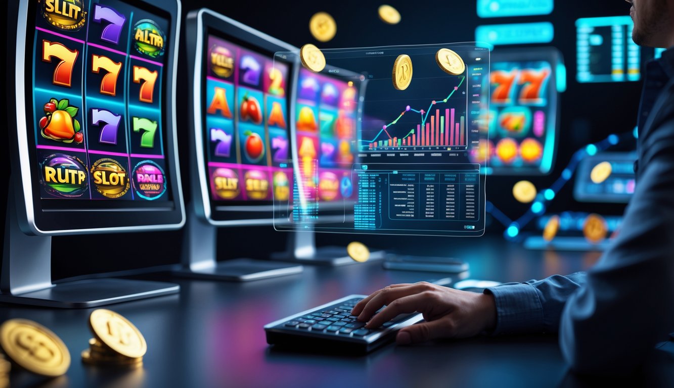 Seseorang sedang menganalisis data RTP slot online di depan komputer dengan layar menampilkan permainan slot berwarna-warni.