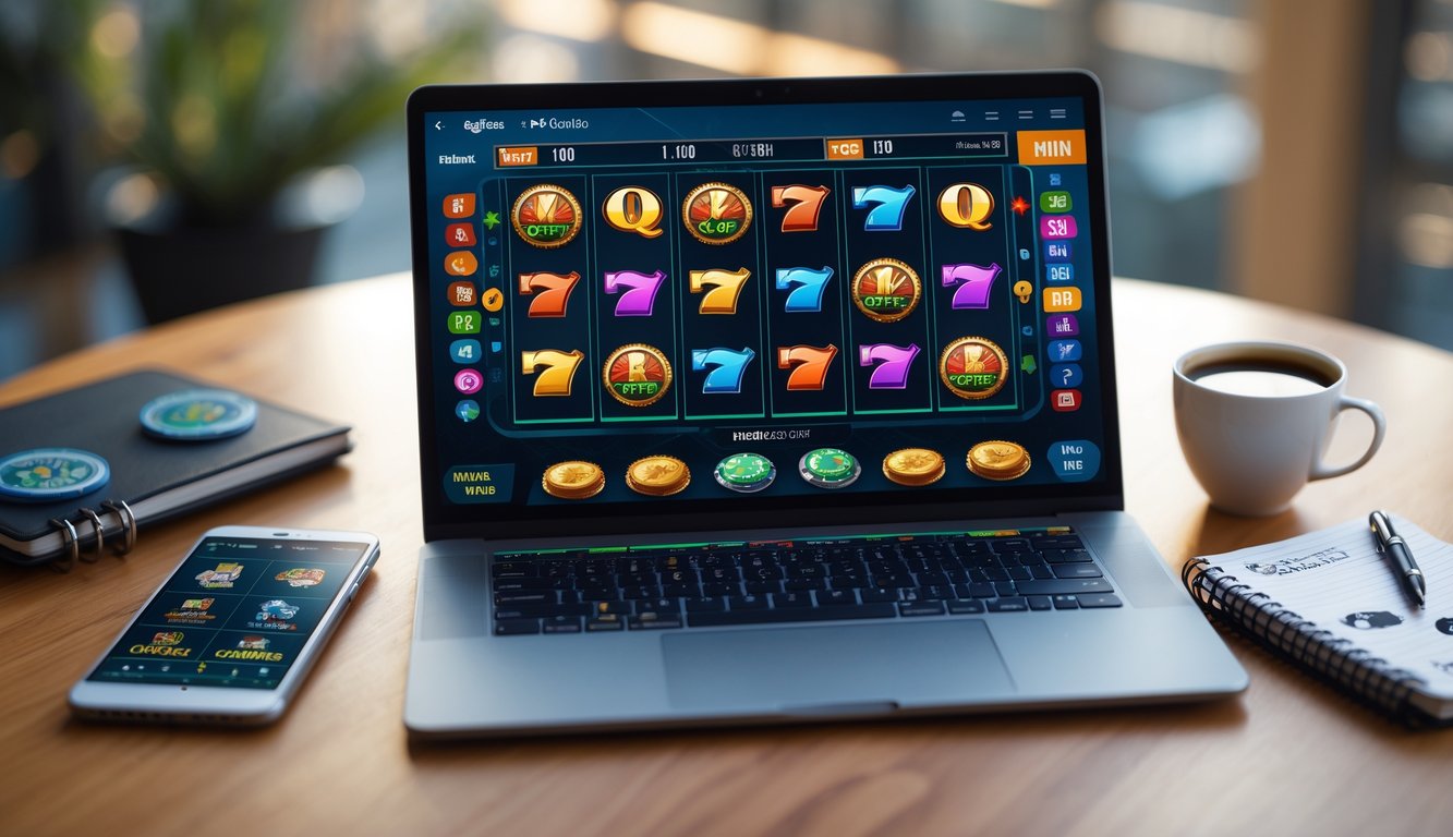 Sebuah meja kerja dengan laptop yang menampilkan permainan slot online, ponsel, buku catatan, dan cangkir kopi.