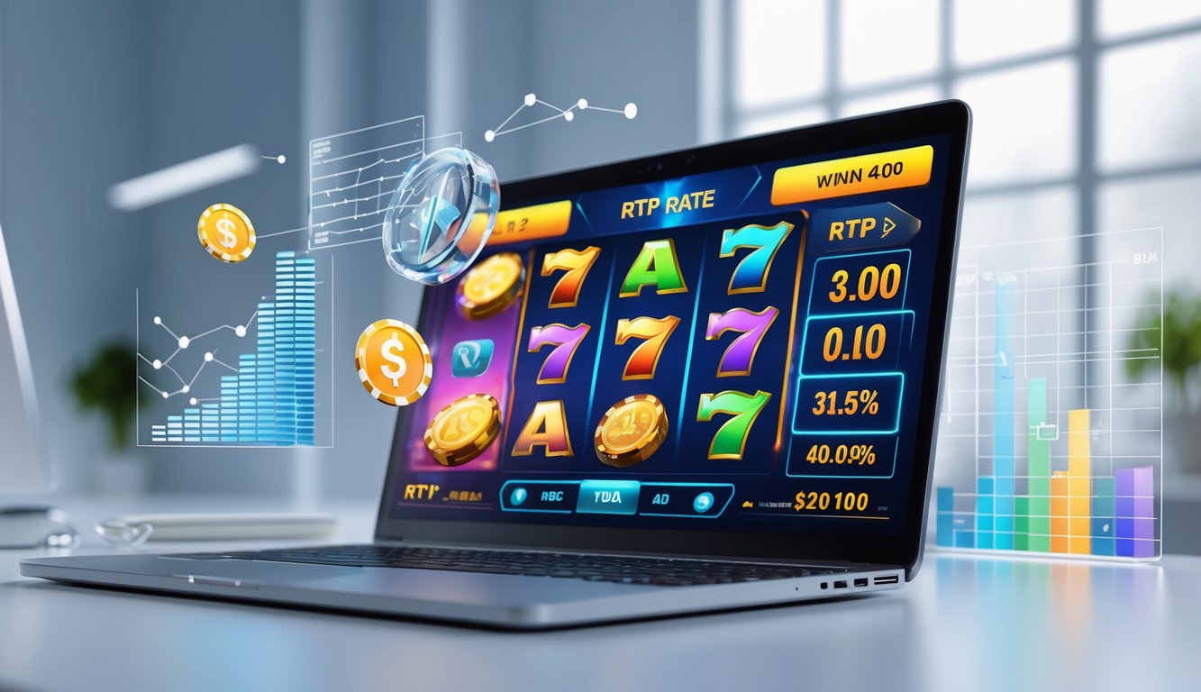 Seorang pengguna duduk di depan komputer dengan layar menampilkan permainan slot online berwarna-warni dan grafik data statistik di sekitarnya.