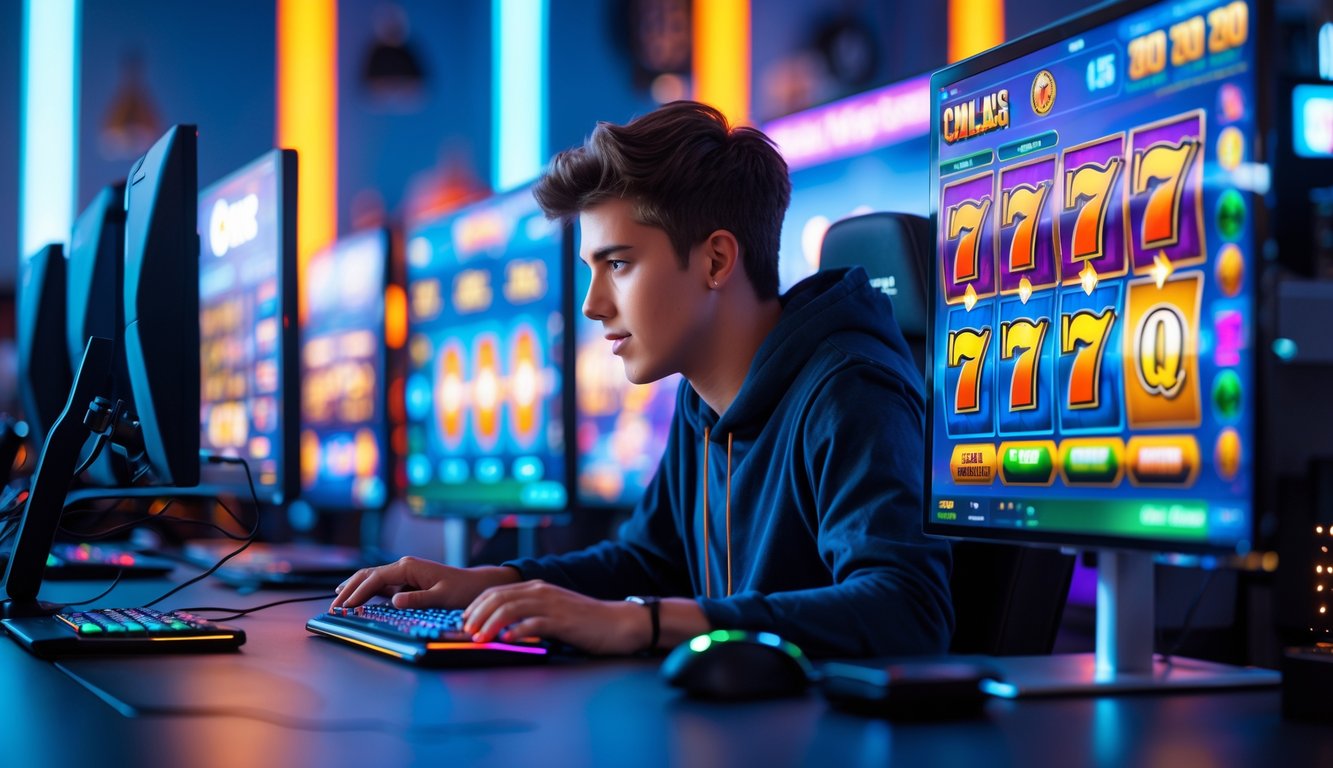 Seseorang sedang bermain game slot online di komputer dengan beberapa layar menampilkan permainan slot yang berwarna-warni.