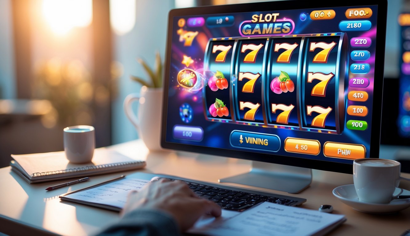 Seorang pemain sedang menggunakan komputer dengan permainan slot online di layar, dikelilingi oleh catatan strategi dan secangkir kopi di meja.
