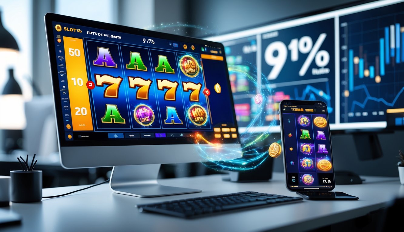 Sebuah meja kerja modern dengan komputer dan ponsel menampilkan permainan slot online yang berwarna-warni di layar.