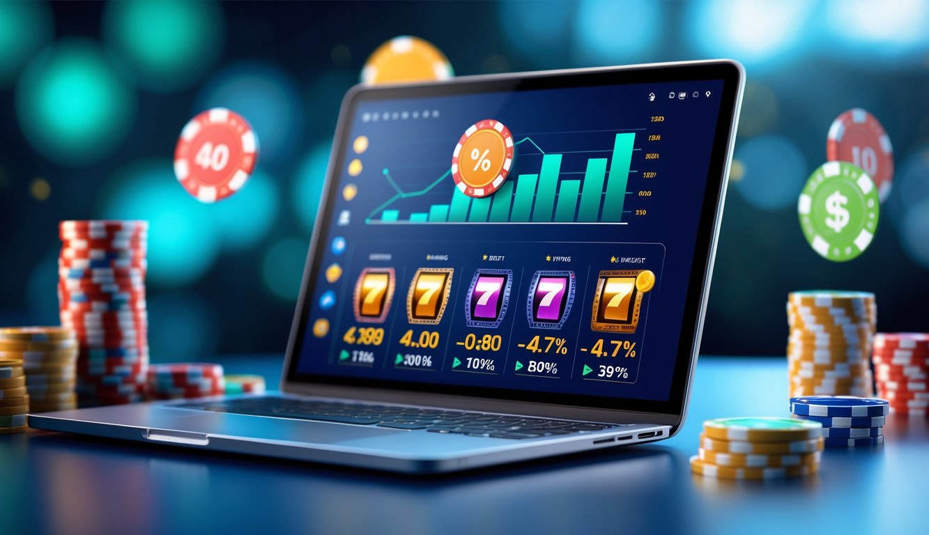 Layar komputer menampilkan ikon permainan slot dan grafik RTP tinggi dengan latar belakang elemen permainan kasino.