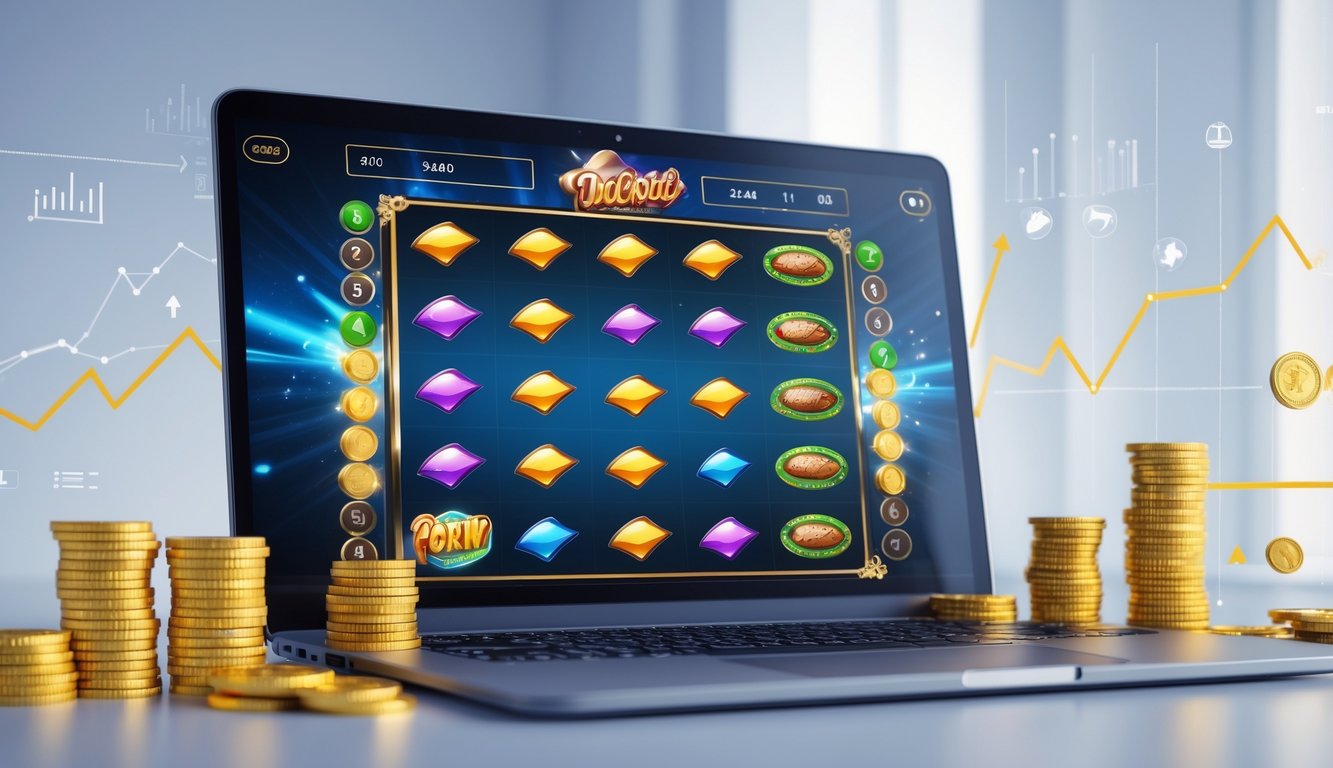 Seorang pemain menggunakan laptop dengan tampilan permainan slot online yang menampilkan simbol kemenangan dan koin di sekitarnya.