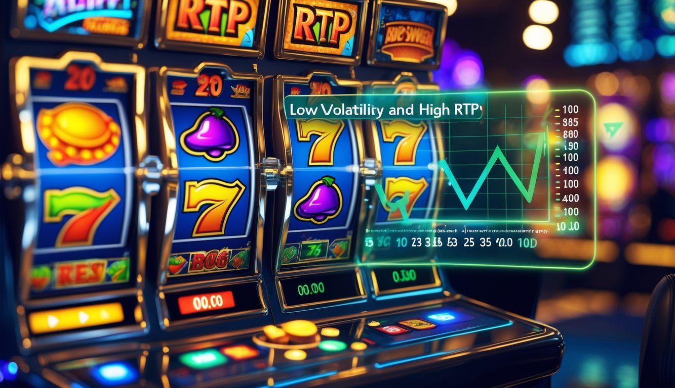 Tampilan antarmuka mesin slot online dengan grafik dan simbol warna-warni yang menunjukkan tingkat RTP dan volatilitas.