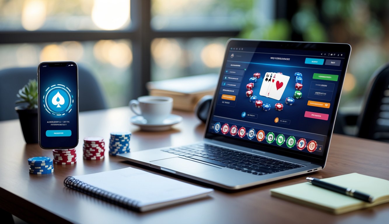 Meja kerja dengan laptop yang menampilkan permainan poker online, smartphone dengan aplikasi dompet digital, dan tumpukan chip poker.