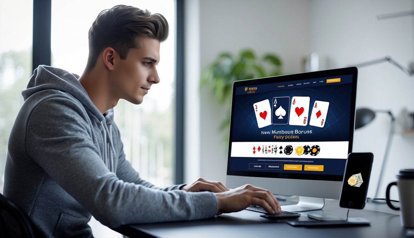Seorang pria muda duduk di depan laptop di ruang kerja rumah yang terang, sedang menggunakan situs poker online dengan kartu dan chip poker di layar.