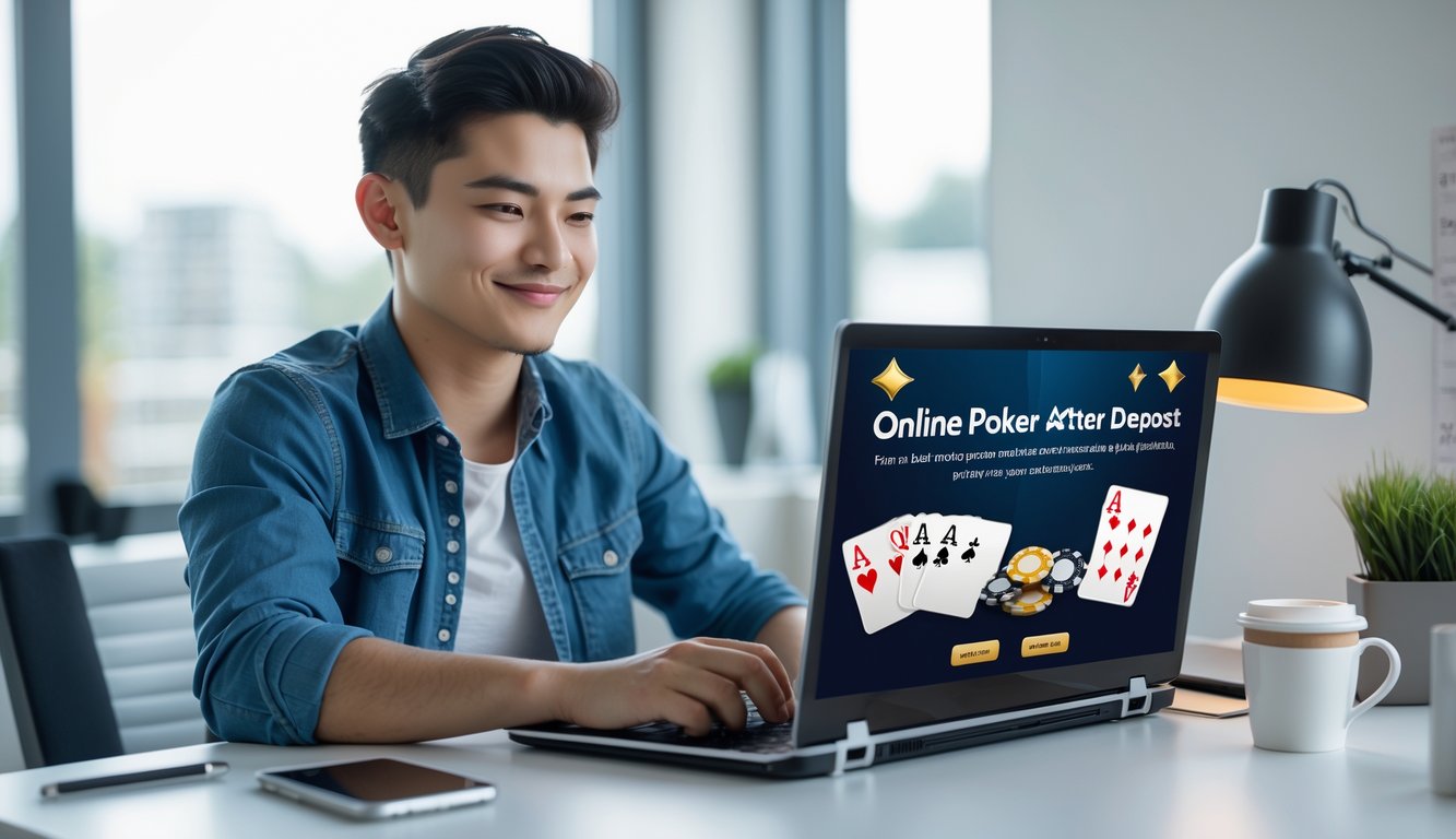 Seorang dewasa muda duduk di meja dengan laptop yang menampilkan permainan poker online, tampak fokus dan puas.