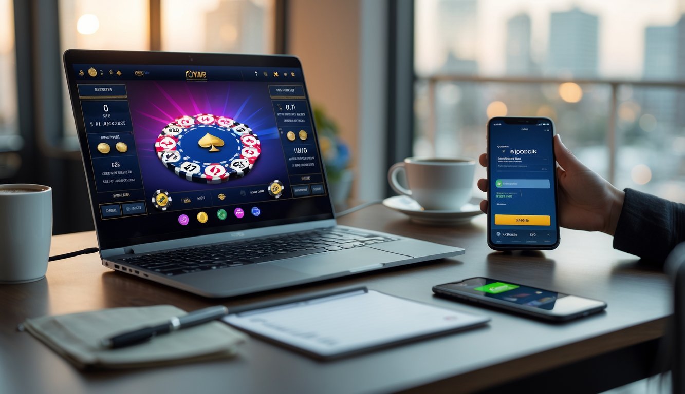 Meja kerja dengan laptop menampilkan permainan poker online dan ponsel menunjukkan aplikasi dompet digital, dengan cangkir kopi dan alat tulis di sekitar.