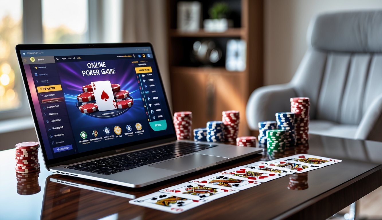 Meja kerja dengan laptop yang menampilkan permainan poker online, tumpukan chip poker, dan kartu bermain di atas meja kayu, dengan kursi dan rak buku di latar belakang.