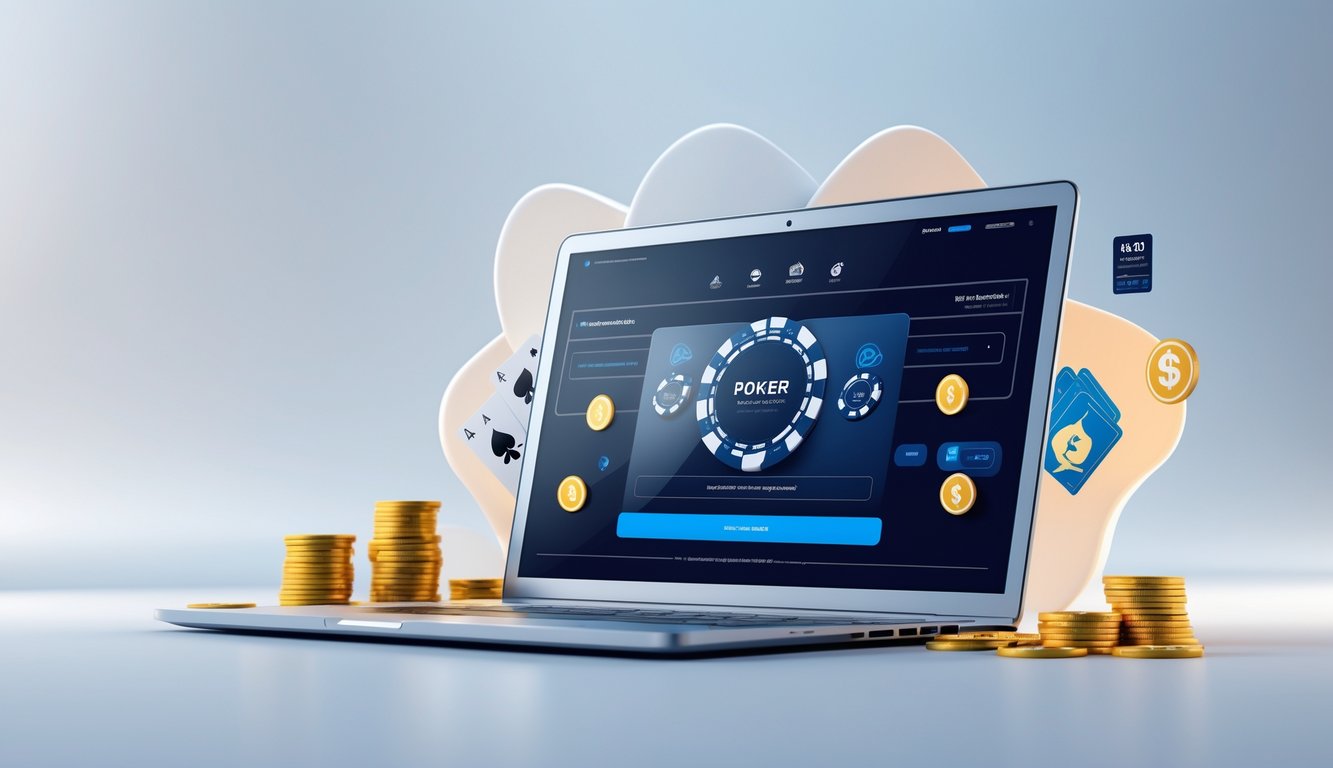 Seorang pengguna sedang melihat situs poker online terpercaya di layar komputer dengan simbol chip poker dan kartu di sekitar.