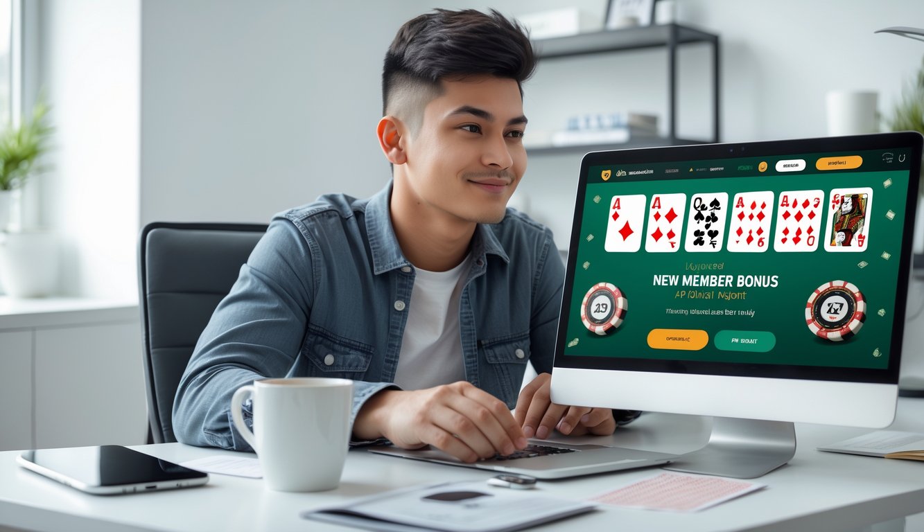 Seorang dewasa muda duduk di meja dengan laptop yang menampilkan permainan poker online, terlihat fokus dan strategis di ruang kerja yang terang dan rapi.