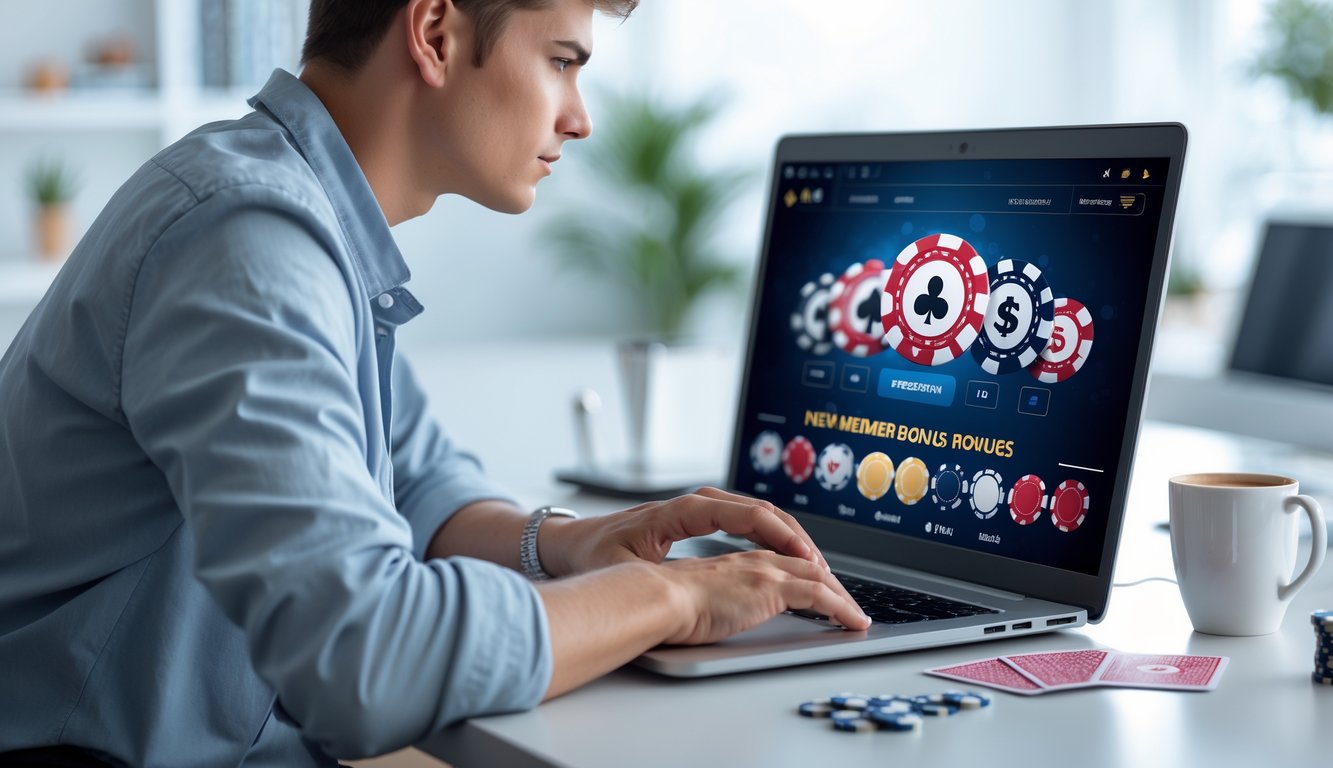 Seorang dewasa muda duduk di meja kerja dengan laptop yang menampilkan permainan poker online, terlihat fokus dan strategis dalam ruangan kantor rumah yang terang.