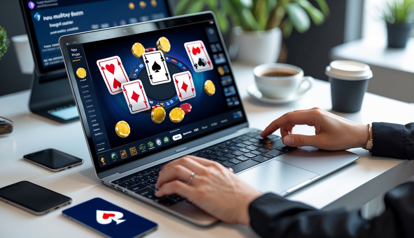 Seseorang bermain poker online di laptop dengan chip dan kartu terlihat, di meja yang rapi dengan ponsel dan kopi.