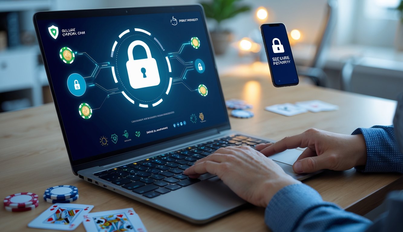 Seorang pria duduk di meja dengan laptop, kartu poker, dan chip, sedang memulai bermain poker online dengan suasana kantor rumah yang rapi.