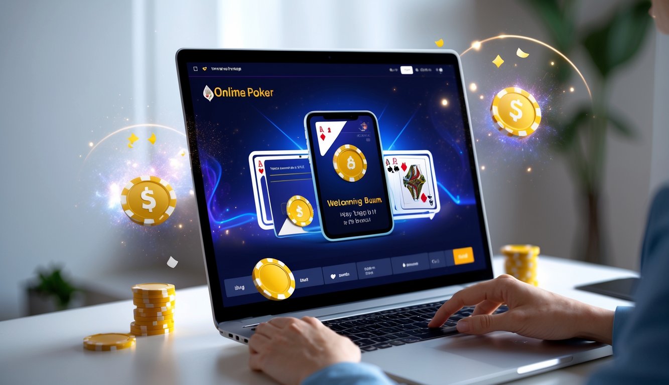 Seseorang menggunakan laptop yang menampilkan permainan poker online dengan chip dan kartu, di lingkungan rumah yang nyaman.