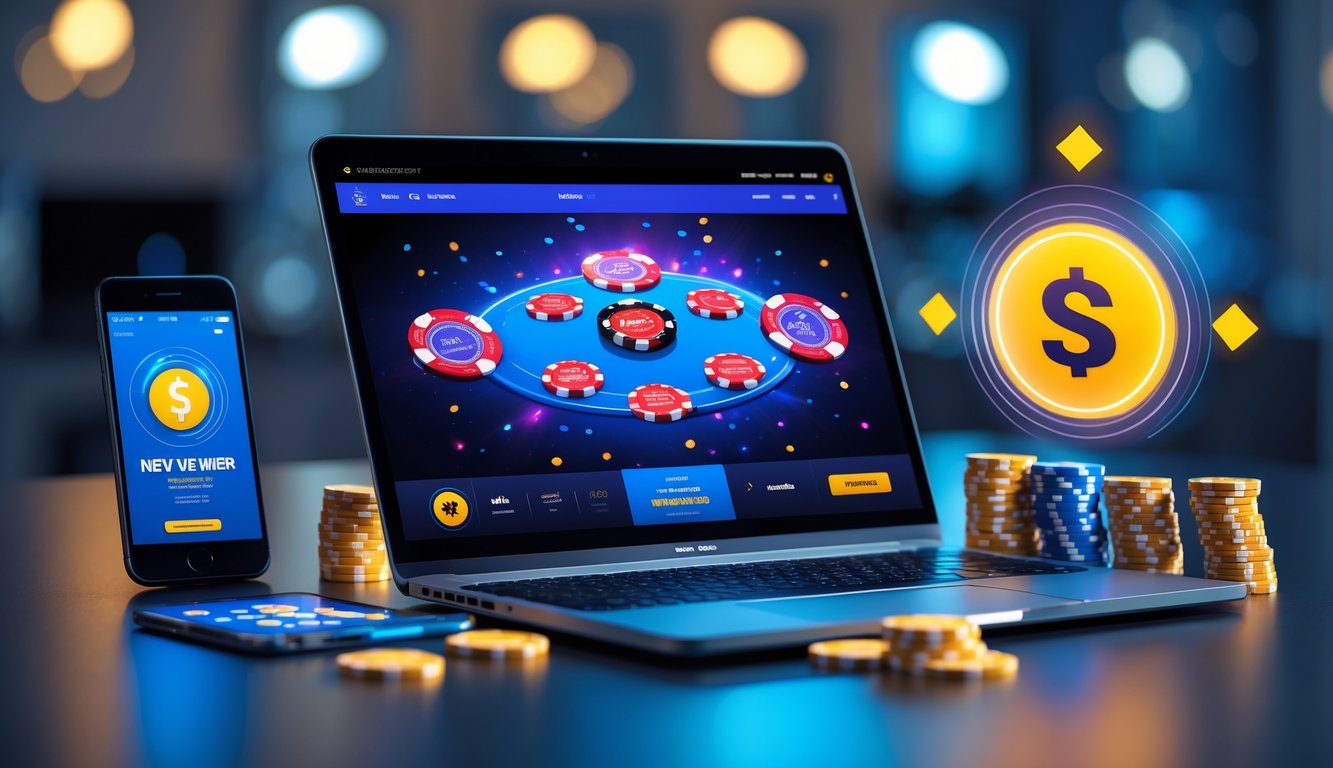 Seorang pemain poker online menggunakan laptop dan smartphone dengan tumpukan chip poker di meja.