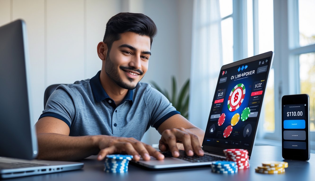 Seorang pria muda duduk di meja dengan laptop yang menampilkan permainan poker online dan chip poker di sekitarnya.