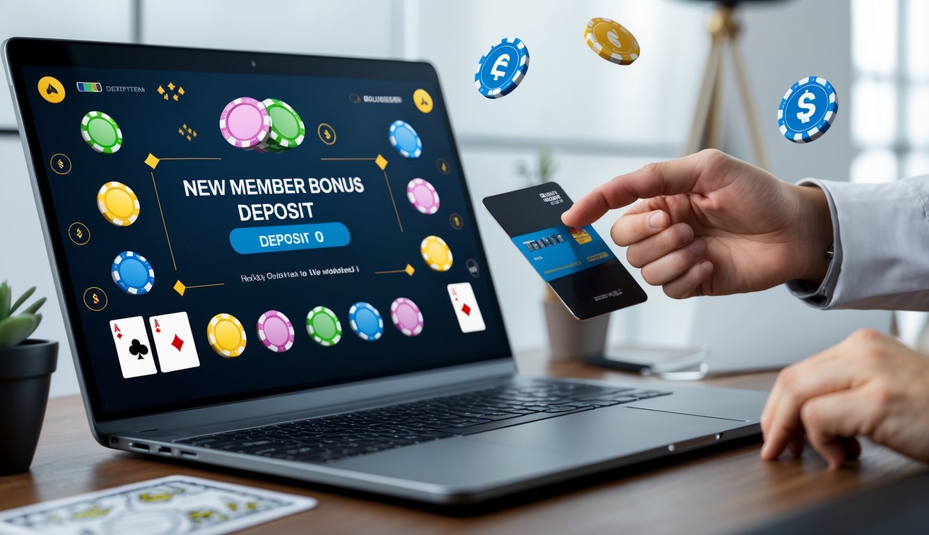 Seorang pengguna sedang melakukan deposit dana untuk bermain poker online dengan tampilan layar komputer yang menampilkan permainan poker dan chip poker di meja.