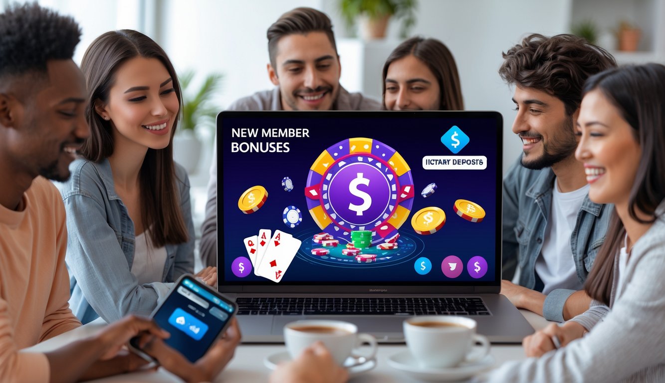 Beberapa orang muda berkumpul di sekitar laptop yang menampilkan permainan poker online dengan chip dan kartu, menunjukkan suasana santai dan menyenangkan.