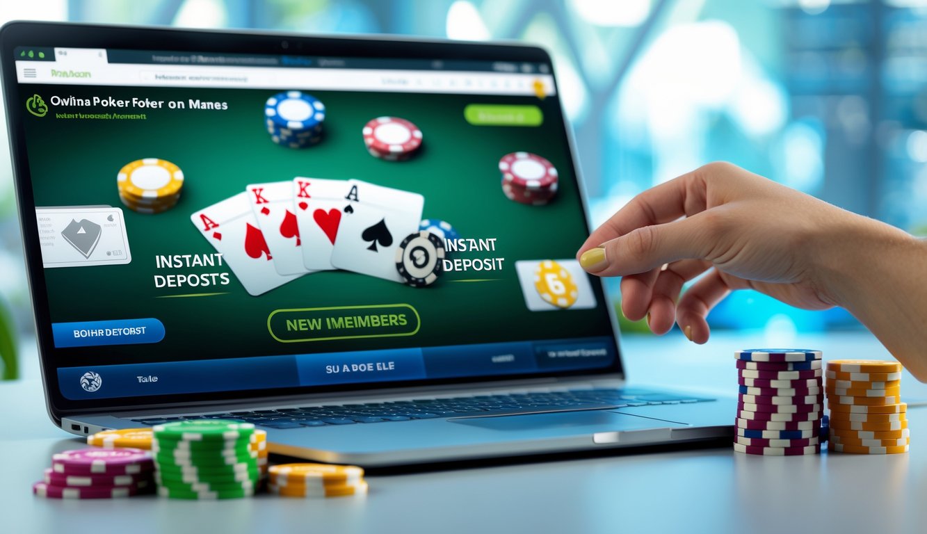 Seseorang bermain poker online menggunakan laptop dan ponsel dengan tumpukan chip poker di meja.