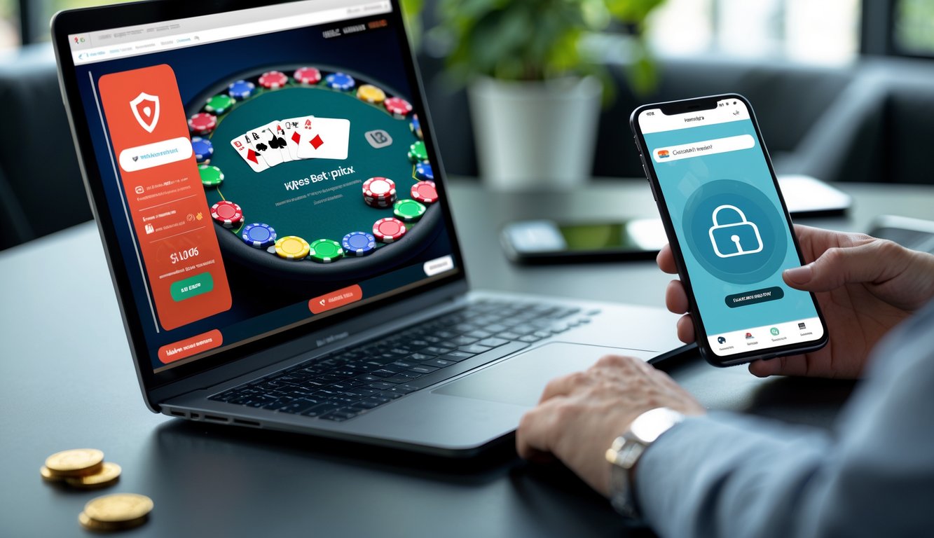 Meja kerja modern dengan laptop yang menampilkan permainan poker online dan smartphone yang menunjukkan aplikasi perbankan untuk deposit.