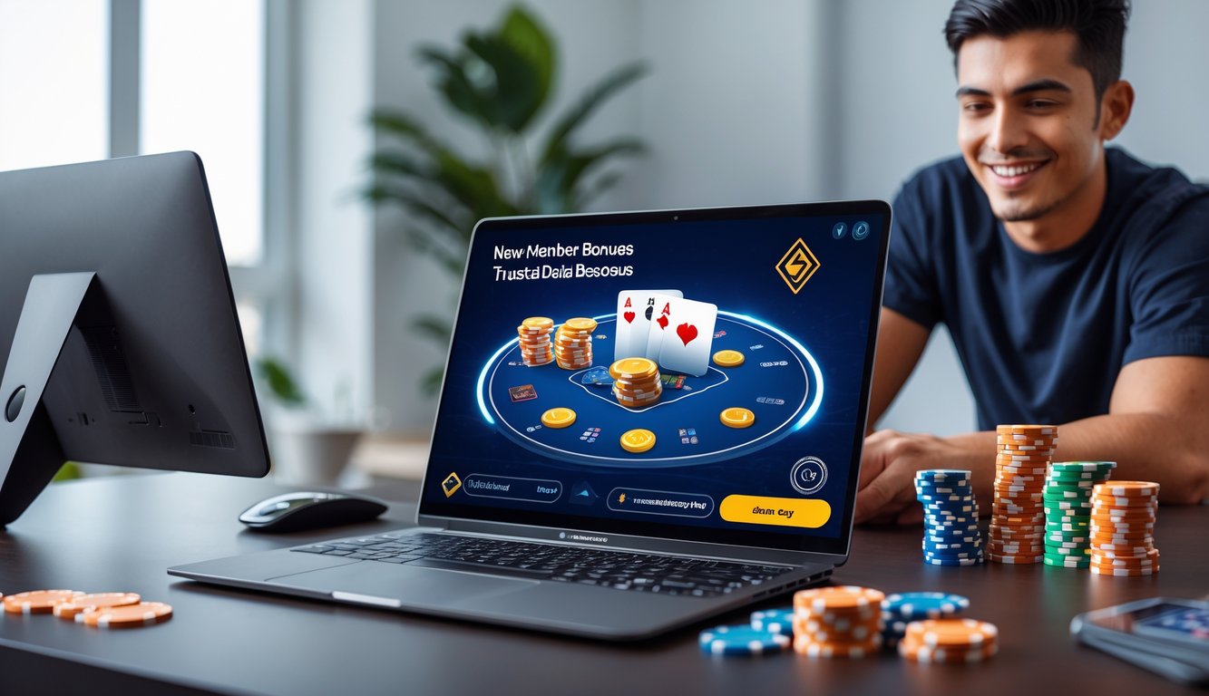 Seorang pemain muda tersenyum sambil bermain poker online di laptop dengan chip dan kartu terlihat jelas, di ruang kerja yang bersih dan terang.
