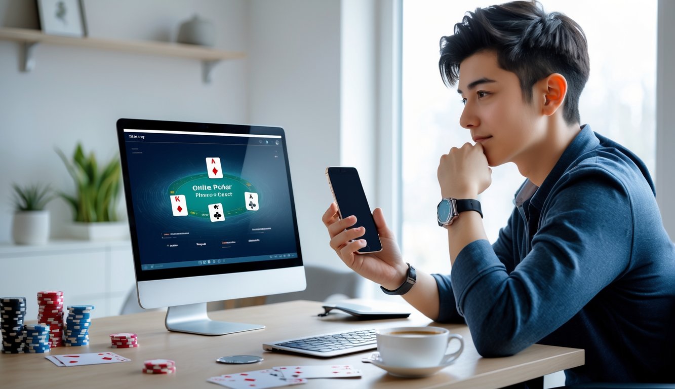 Seorang dewasa muda duduk di meja dengan laptop menampilkan permainan poker online, memegang ponsel dan kartu kredit, dikelilingi chip poker dan kartu bermain.