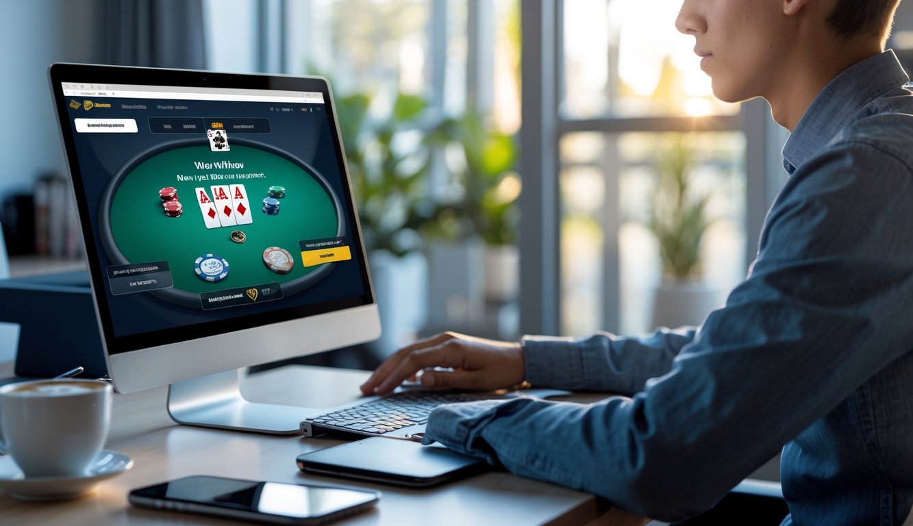 Seorang dewasa muda duduk di meja kerja menggunakan laptop dengan tampilan permainan poker online di layar, di meja juga terdapat ponsel dan secangkir kopi.