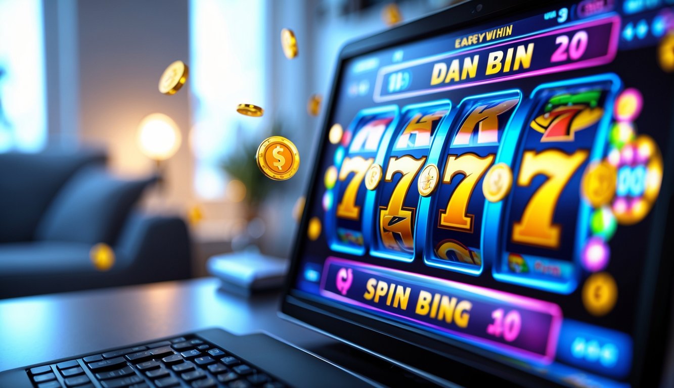 Layar perangkat menampilkan permainan slot online dengan simbol jackpot berwarna cerah di latar ruangan modern.