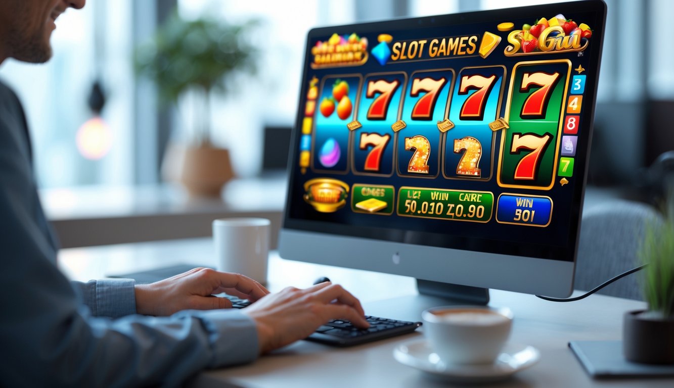 Seseorang menggunakan komputer dengan layar menampilkan permainan slot online berwarna-warni di meja kerja yang rapi.
