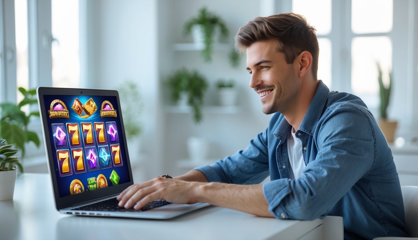 Seorang pria muda duduk di meja dengan laptop yang menampilkan permainan slot online, terlihat santai dan percaya diri di ruang kerja rumah yang terang dan rapi.