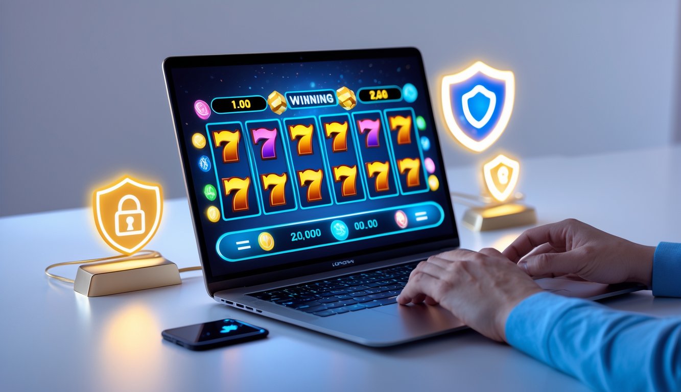 Seorang pemain menggunakan laptop dengan tampilan permainan slot online yang berwarna-warni dan simbol keamanan di latar belakang.