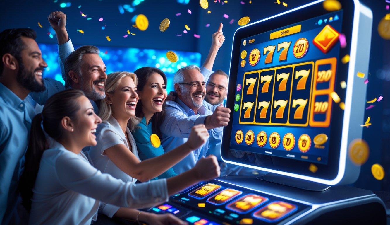 Sekelompok orang sedang bermain mesin slot digital dengan ekspresi senang dan suasana penuh semangat.