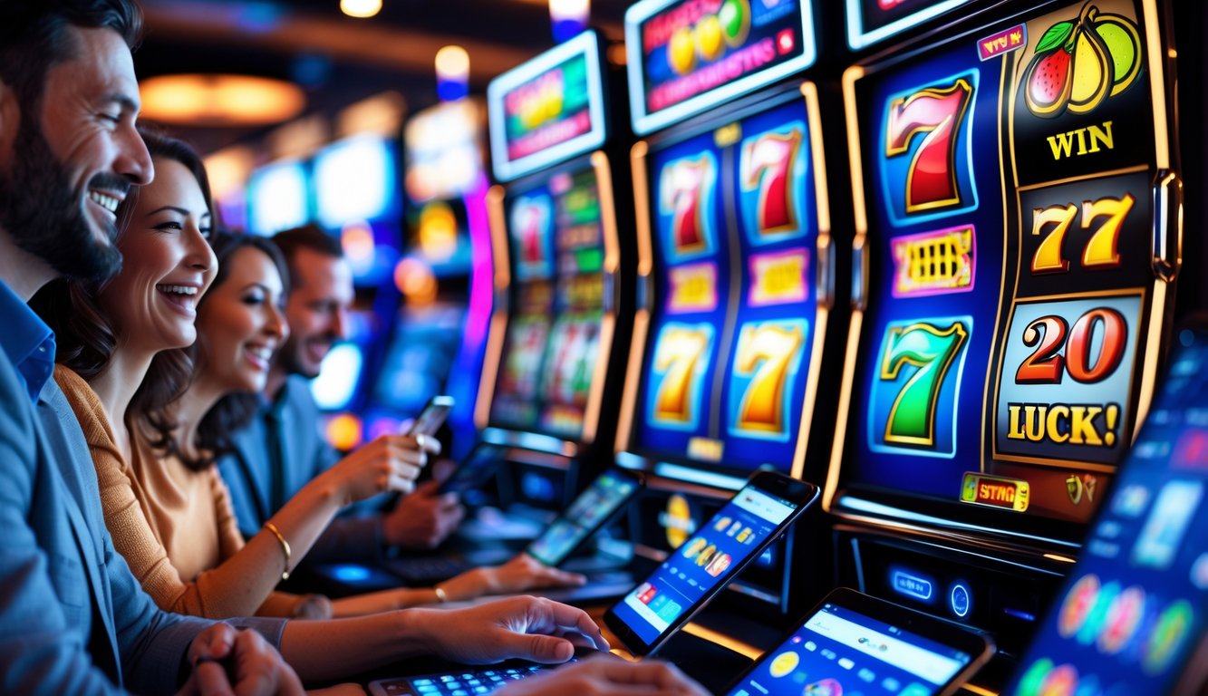 Beberapa orang menggunakan perangkat elektronik untuk bermain mesin slot online dengan ekspresi senang dan antusias.