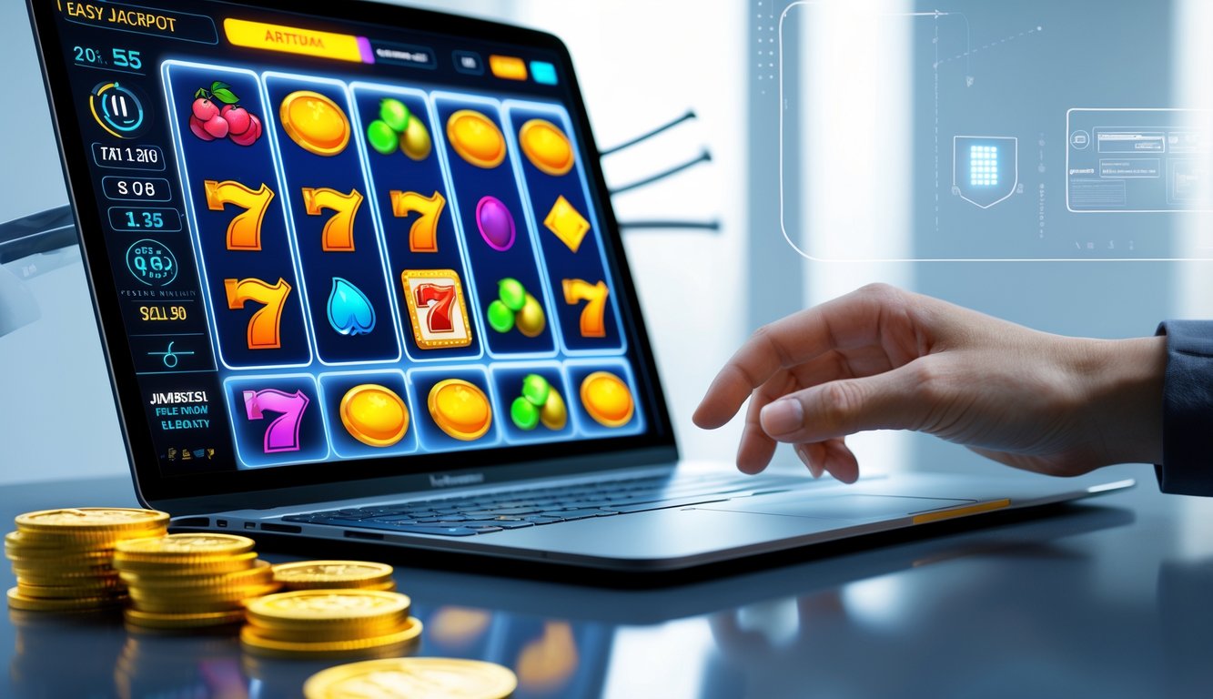 Seseorang menggunakan komputer dengan layar menampilkan permainan slot online yang berwarna-warni dan menarik.
