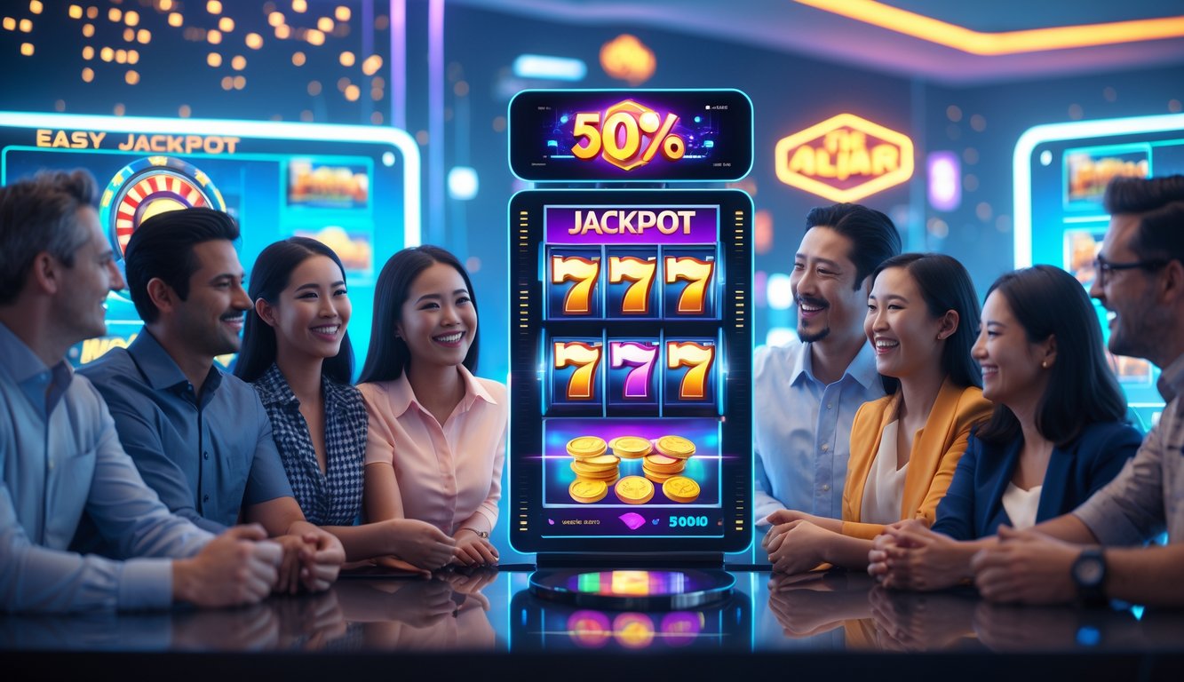 Sekelompok orang dewasa yang bahagia bermain mesin slot online dengan layar digital berwarna cerah dan latar belakang futuristik.