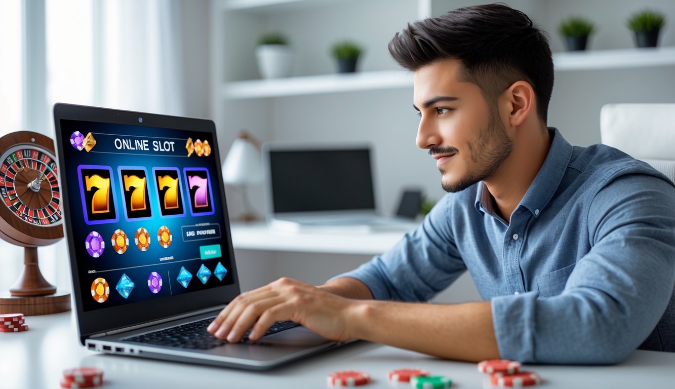 Seorang pria muda duduk di meja kerja modern sambil melihat layar laptop yang menampilkan permainan slot online dengan latar belakang ruang kerja yang rapi.