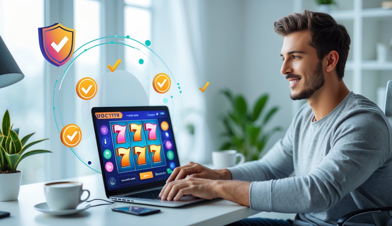 Seorang pria muda duduk di meja dengan laptop, fokus pada layar permainan slot online, di ruang kerja yang terang dan rapi.