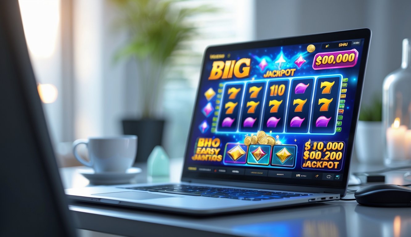 Seorang pengguna duduk di depan laptop yang menampilkan permainan slot online dengan simbol jackpot yang berwarna-warni di meja kerja yang rapi.
