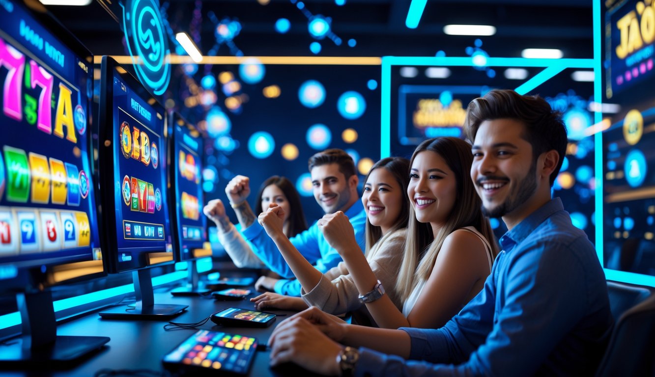 Sekelompok orang muda sedang bermain game slot online di layar komputer dan ponsel dengan ekspresi senang dan antusias di ruangan modern.