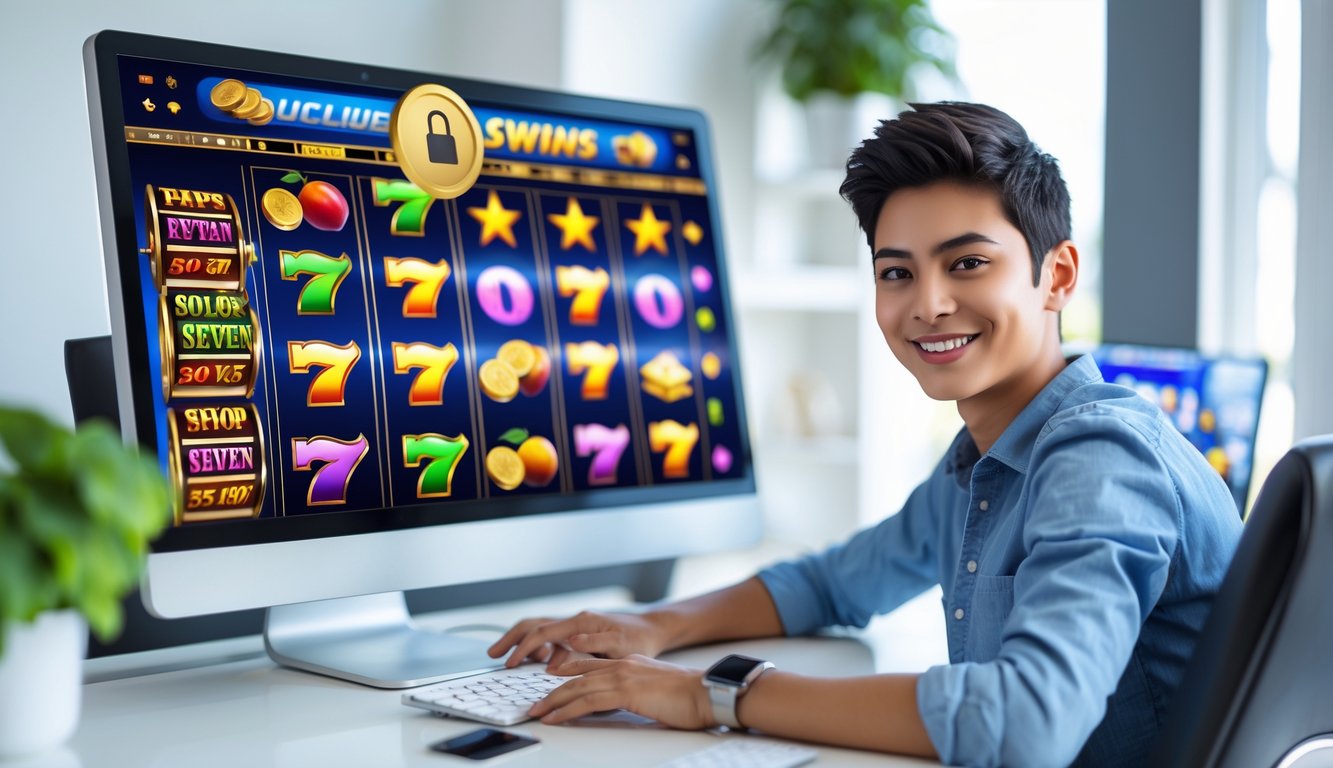 Seorang pemula sedang bermain permainan slot online di komputer dengan layar menampilkan gulungan mesin slot berwarna-warni di ruangan yang terang dan nyaman.