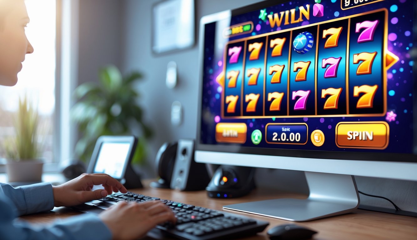 Seseorang sedang bermain game slot online di komputer dengan layar menampilkan permainan slot yang cerah dan berwarna-warni.