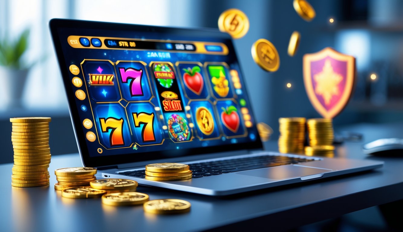 Seorang pemain duduk di depan komputer dengan tampilan permainan slot online yang penuh warna, dikelilingi oleh koin emas dan simbol keamanan digital.