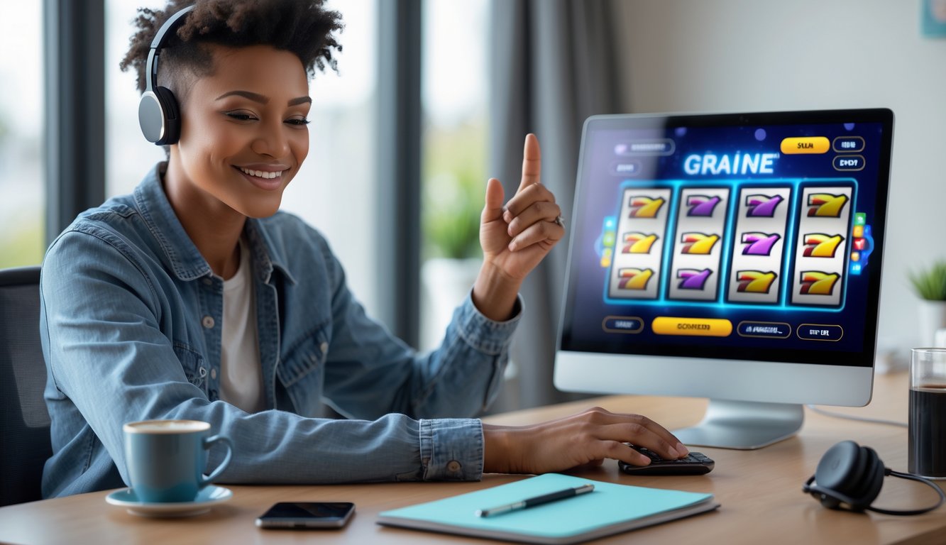 Seorang dewasa muda duduk di meja dengan laptop yang menampilkan permainan slot online, terlihat fokus dan senang.