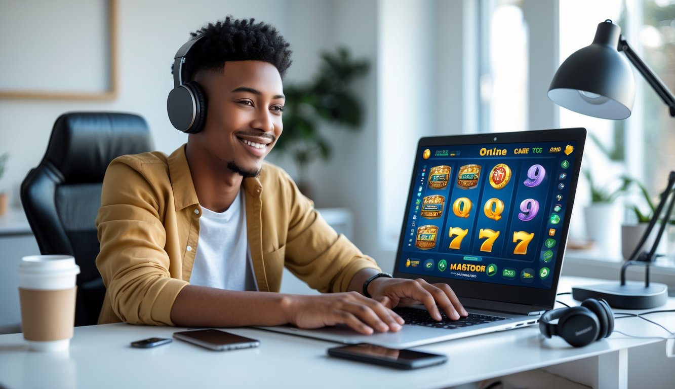 Seorang dewasa muda duduk di meja dengan laptop yang menampilkan permainan slot online, tersenyum dan fokus dalam ruangan kantor rumah yang terang.