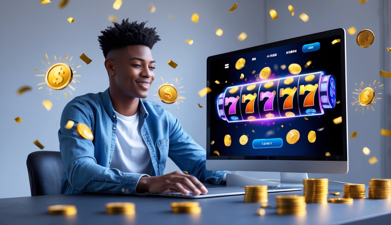 Seorang dewasa muda duduk di depan laptop dengan tampilan mesin slot digital dan simbol kemenangan di sekitarnya.