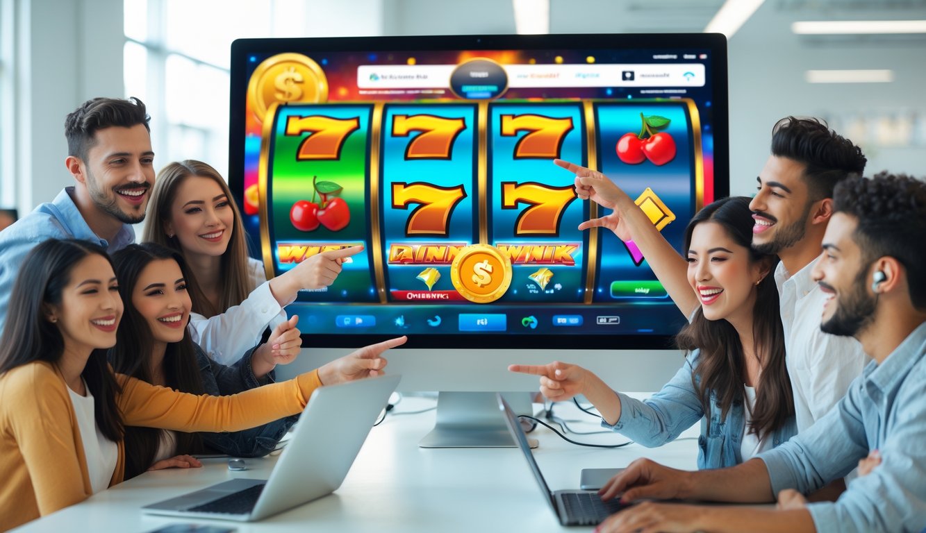 Sekelompok orang muda yang bahagia merayakan kemenangan jackpot di platform slot online yang ditampilkan di layar komputer di sebuah kantor modern.
