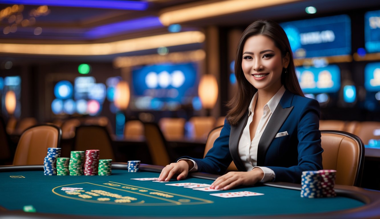 Seorang dealer profesional duduk di meja permainan Dragon Tiger dengan kartu dan chip, dalam suasana kasino online yang ramah dan modern.