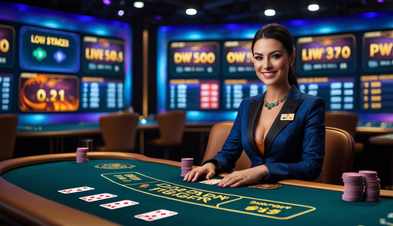 Seorang dealer wanita duduk di meja permainan Dragon Tiger dengan kartu dan layar taruhan di latar belakang dalam studio kasino online.